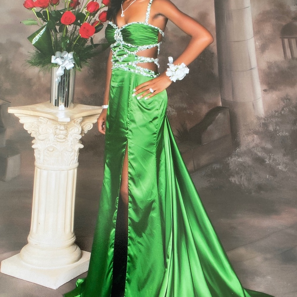 Green prom dress with embellishments, worn twice